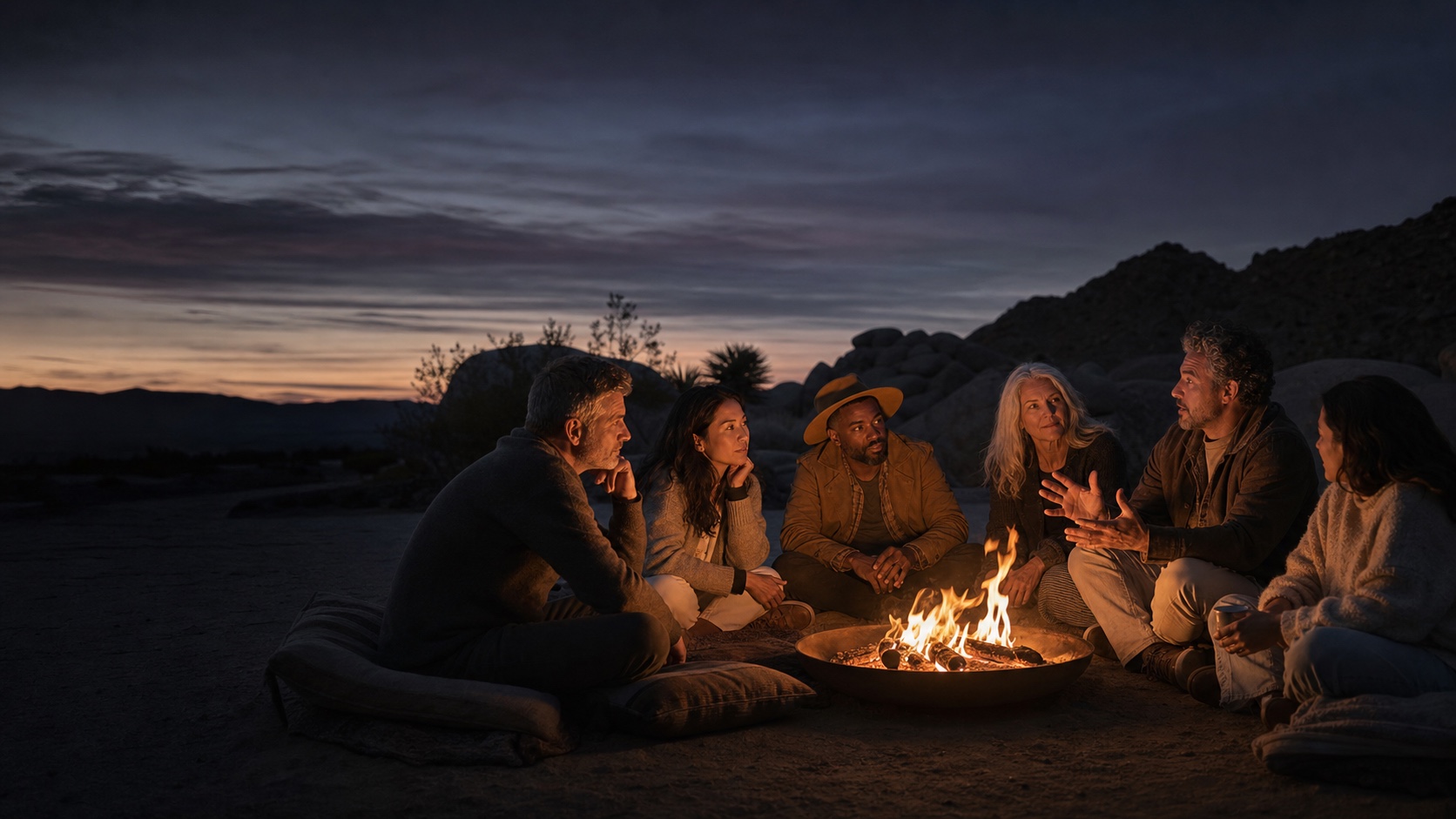 A small fire circle gathering in the high desert at dusk